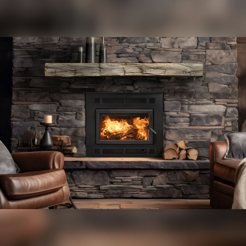 Majestic Pioneer II Wood Fireplace, with classic black front and single arch door