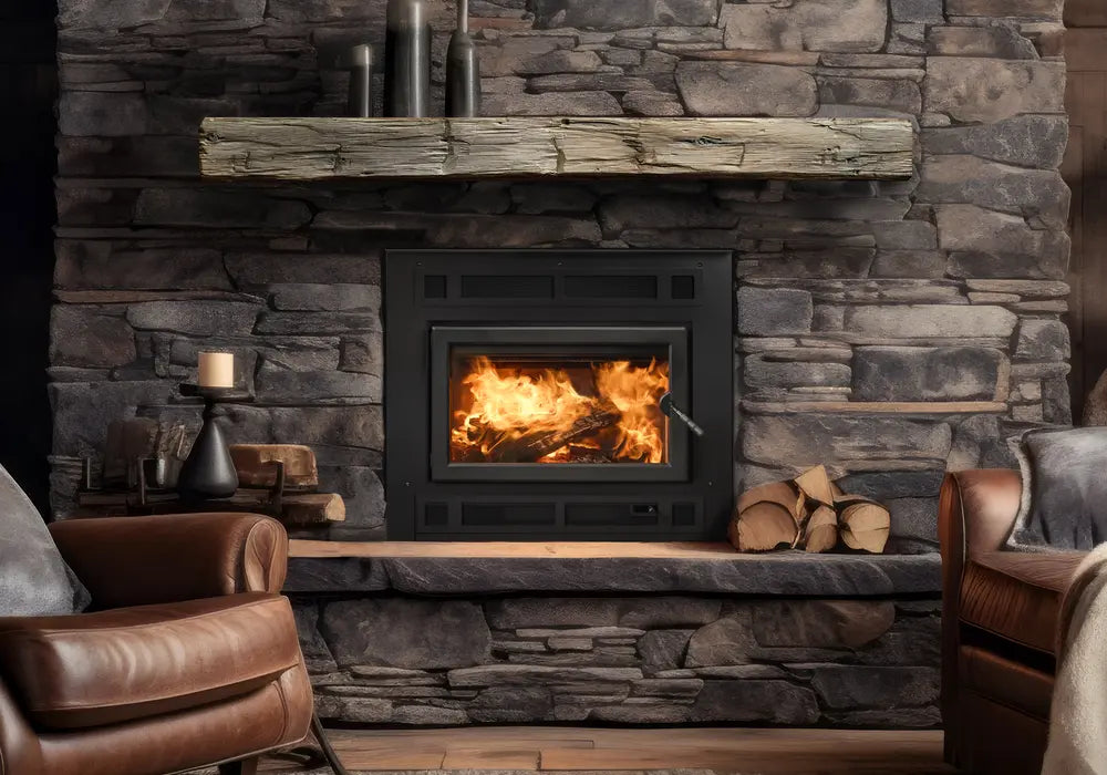 Majestic Pioneer II Wood Fireplace, with classic black front and single arch door  Majestic