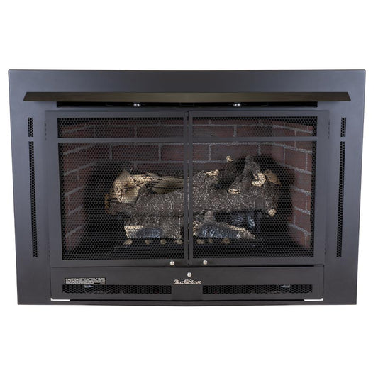 Buck Stove Model 34ZC Manhattan Old Town Red with Weathered Gas Logs