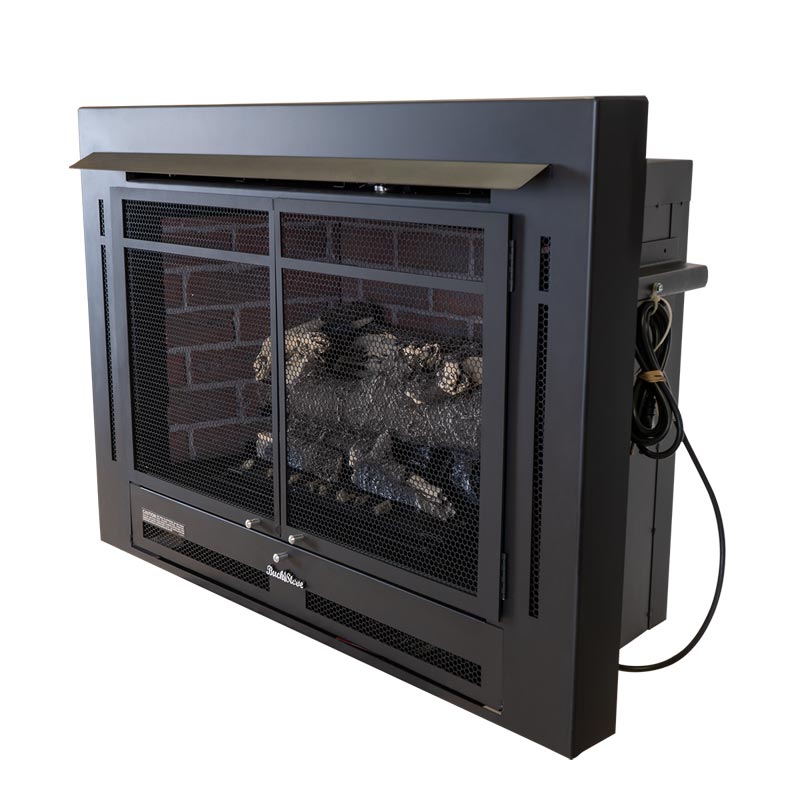 Buck Stove Model 34ZC Manhattan Old Town Red with Weathered Gas Logs  Buck Stove