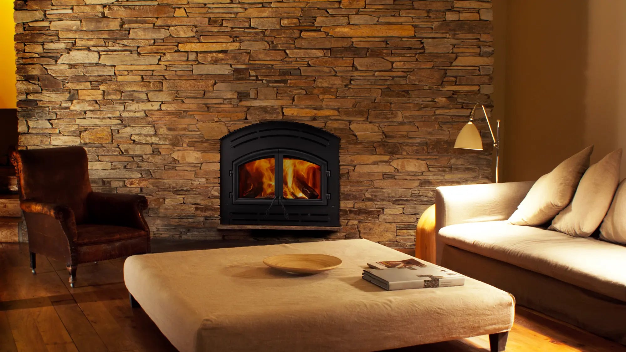 Majestic Warm Majic Wood Fireplace with Black Cabinet Style Doors  Majestic