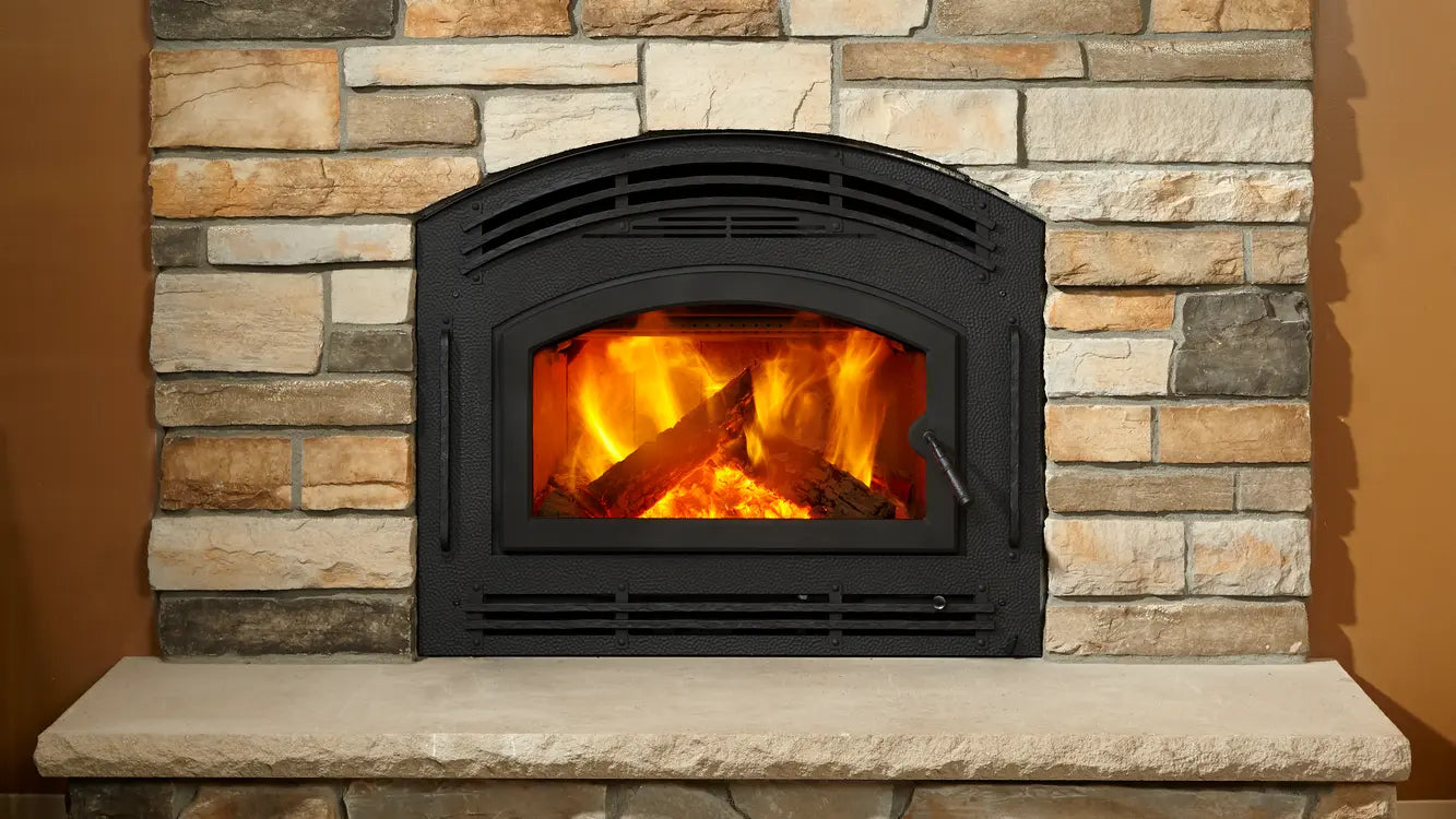 Majestic Pioneer II Wood Fireplace, with classic black front and single arch door  Majestic