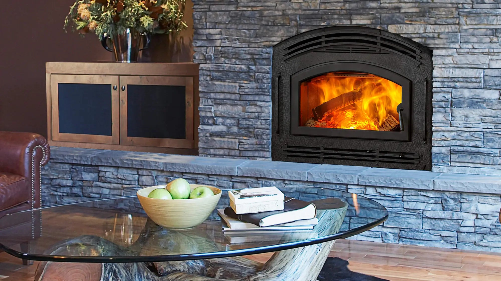 Majestic Pioneer II Wood Fireplace, with classic black front and single arch door  Majestic
