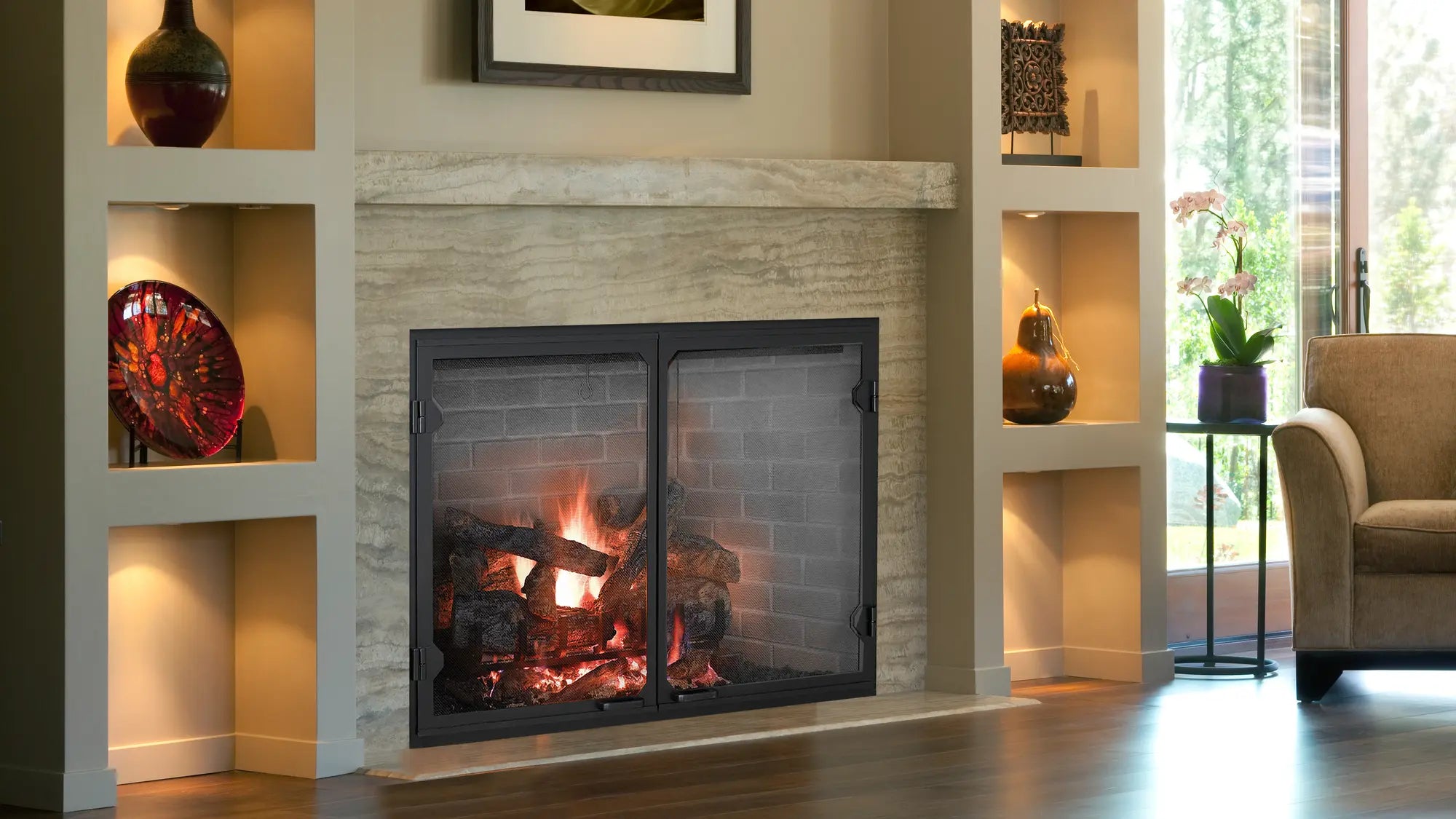 Majestic Biltmore Radiant Wood Burning Fireplace with Herringbone Brick Panels  Majestic