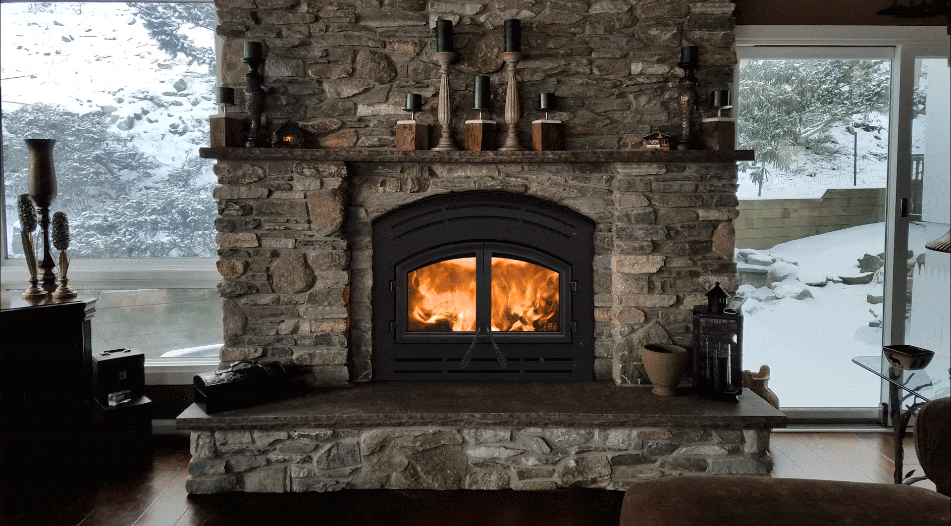 Majestic Warm Majic Wood Fireplace with Black Cabinet Style Doors  Majestic