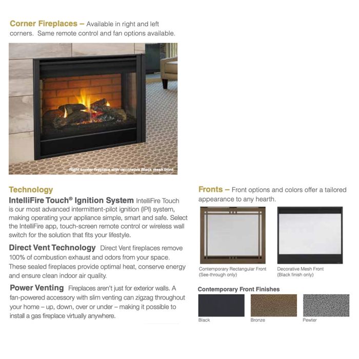 Majestic Left Corner Direct Vent Multi Sided Gas Fireplace with IntelliFire Touch Ignition  Majestic