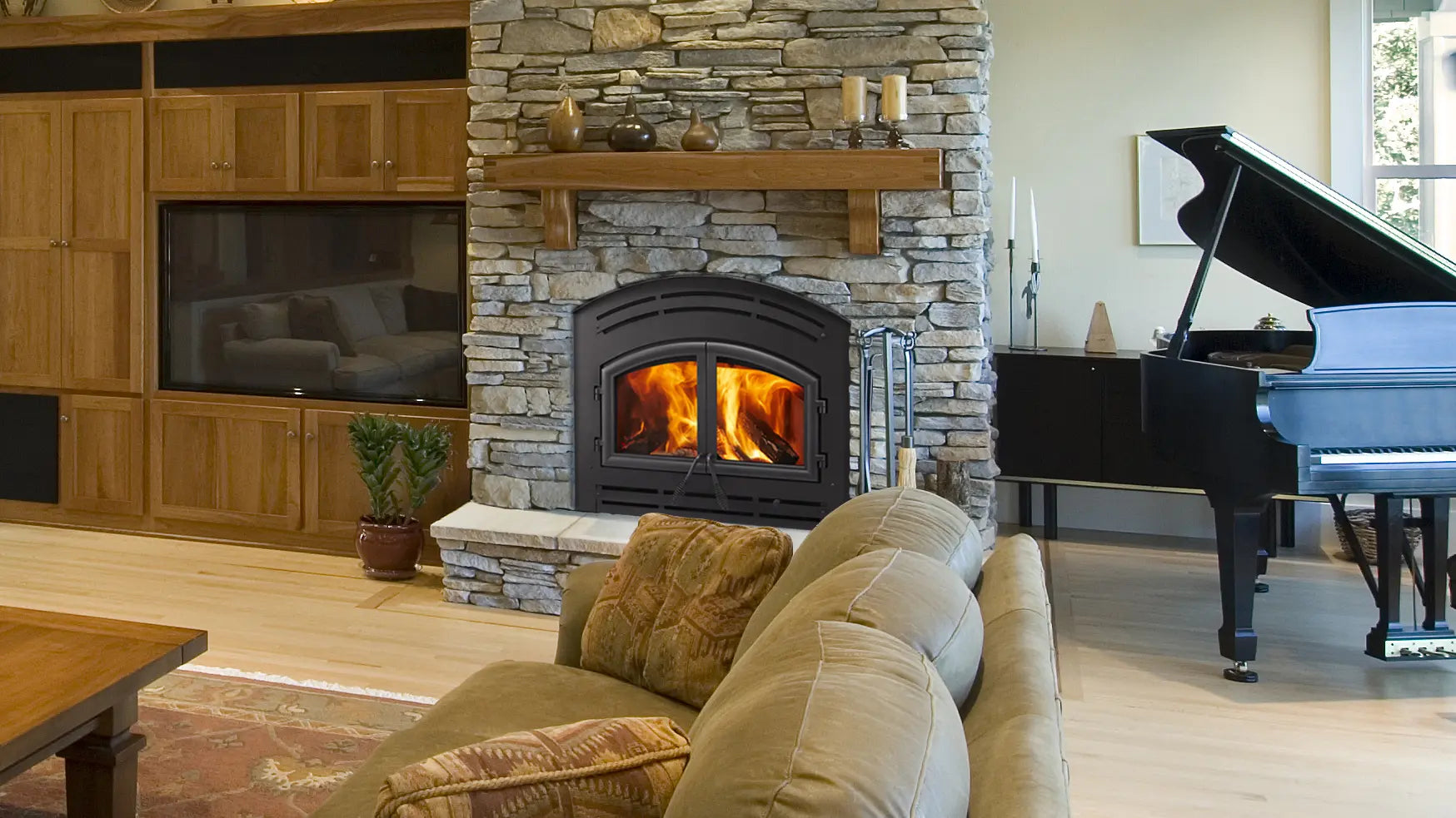 Majestic Warm Majic Wood Fireplace with Black Cabinet Style Doors  Majestic