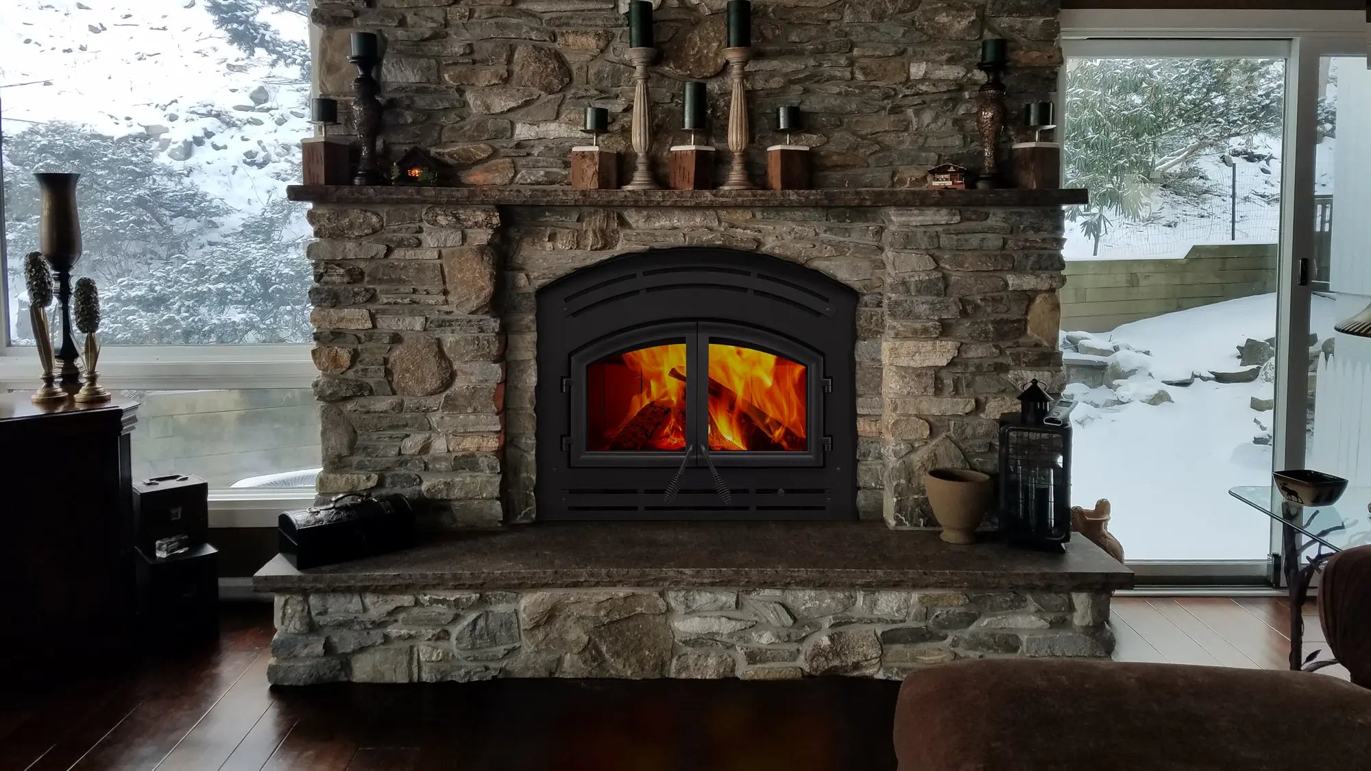 Majestic Warm Majic Wood Fireplace with Black Cabinet Style Doors  Majestic